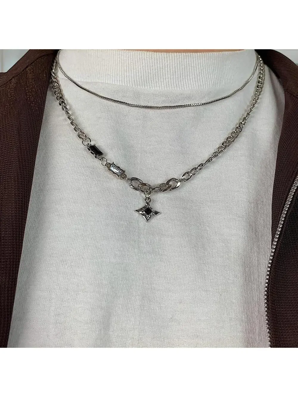 Cyber Y2k silver black opal star pendant Cuban link layered chain necklace. Cool